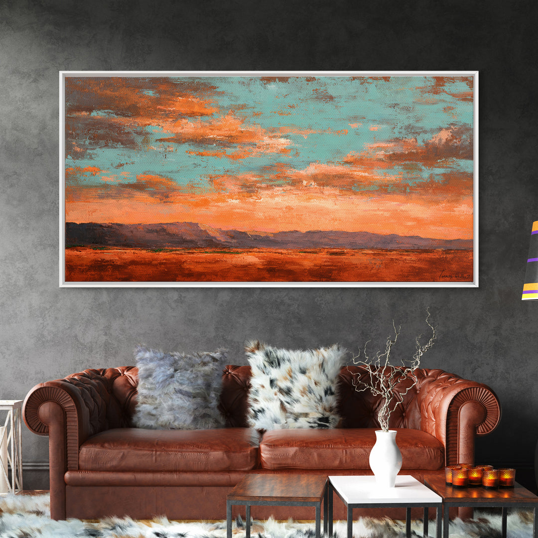 Dreamy Desert Sunset Framed Canvas Print, Above Bed Art, Bedroom Decor, Oil Painting, Serenity, Boho Decor, Western Decor, ABA-2x1-3