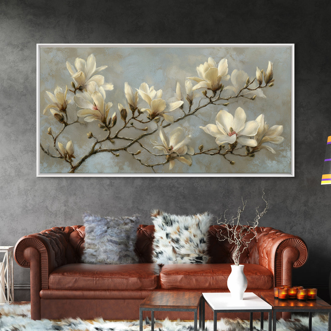 Delicate Magnolia Branch on Cream Background Canvas Print, Above Bed Art, Wall Art, Bedroom Decor, Fine Art, Serenity, ABA-2x1-36