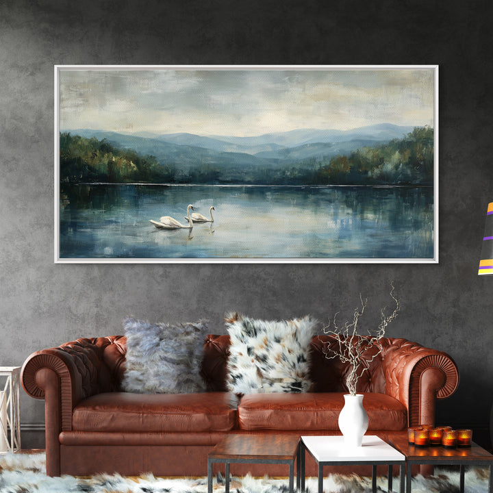 Paired Swans in a Dreamy Painterly Lake Framed Canvas Print, Above Bed Art, Fine Art Print, Bedroom Decor, Fine Art, Serenity, ABA-2x1-42