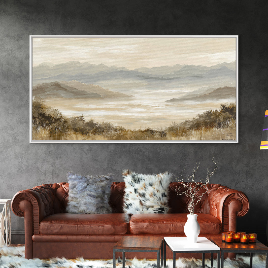 Panoramic Misty Mountain Landscape Framed Canvas Print, Above Bed Art, Mid Century Modern, Bedroom Decor, Oil Painting, ABA-2x1-45