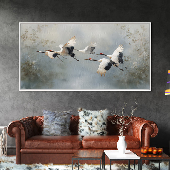 Ethereal Cranes Flying Through Pale Morning Mist Canvas Print, Above Bed Art, Digital Prints, Bedroom Decor, Serenity, ABA-2x1-5