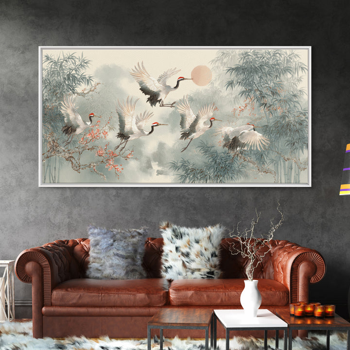 Ethereal Cranes Flying Through Pale Morning Mist Canvas Print, Above Bed Art, Bedroom Decor, Oil Painting, Serenity, ABA-2x1-53
