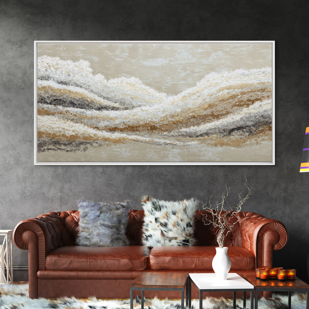 Warm Taupe Abstract Waves Framed Canvas Print, Above Bed Art, Japanese Wall Art, Bedroom Decor, Abstract Art, Serenity, ABA-2x1-59