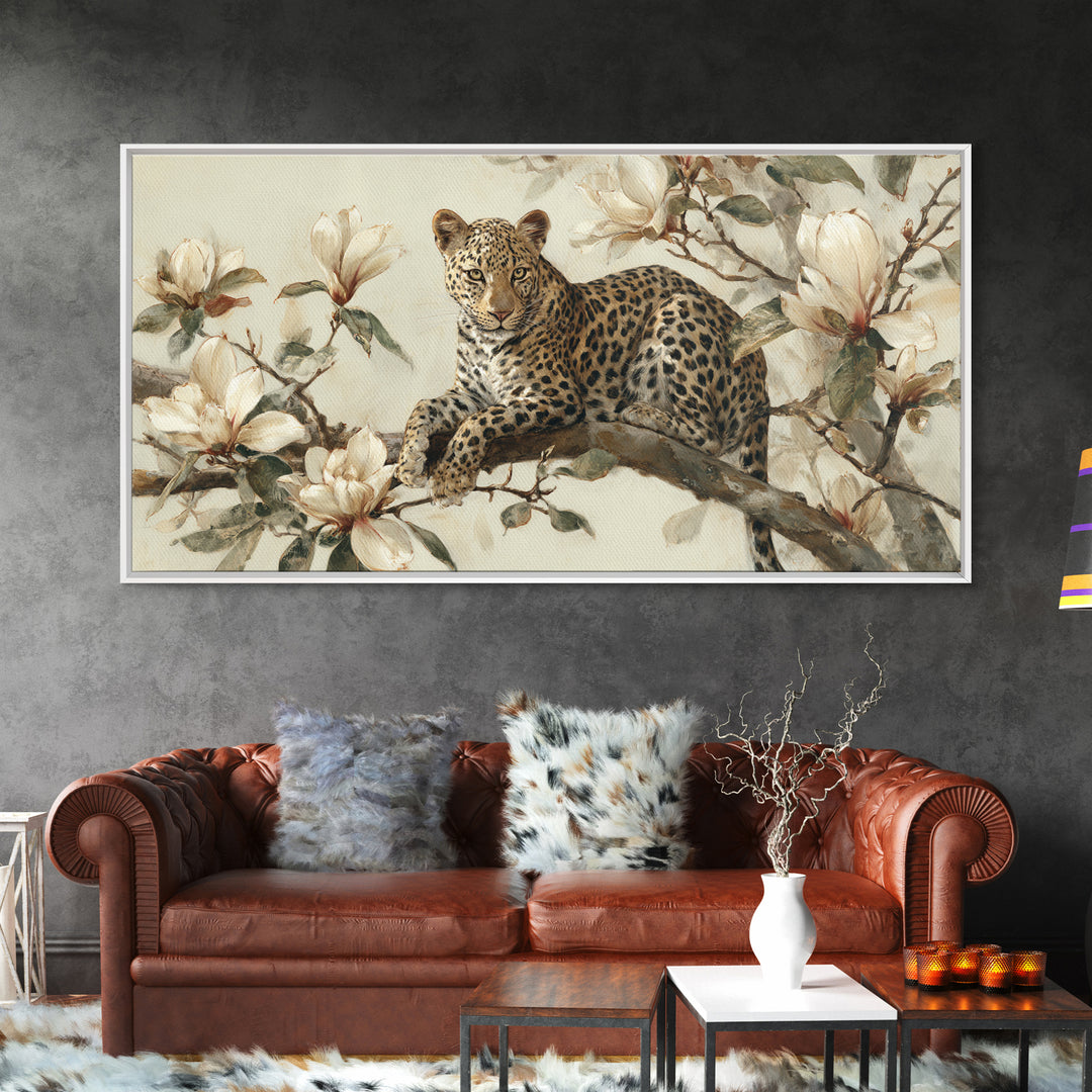 Delicate Magnolia Branch on Cream Background Framed Canvas Print, Above Bed Art, Mid Century Modern, Bedroom Decor, Serenity, ABA-2x1-60