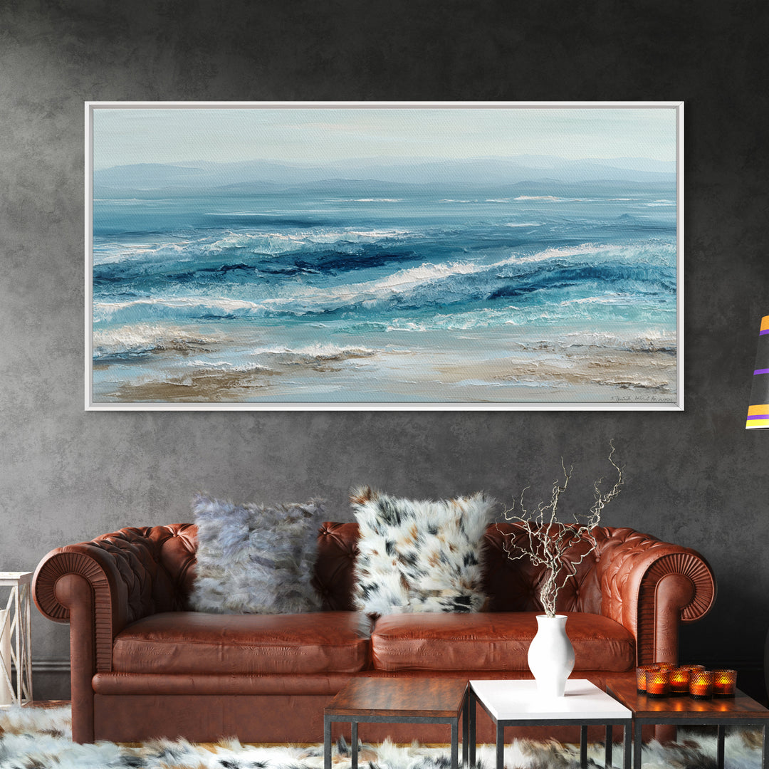 Serene Ocean Tide Seen from Above Framed Canvas Print, Above Bed Art, Wall Art Prints, Bedroom Decor, Fine Art, Serenity, ABA-2x1-65