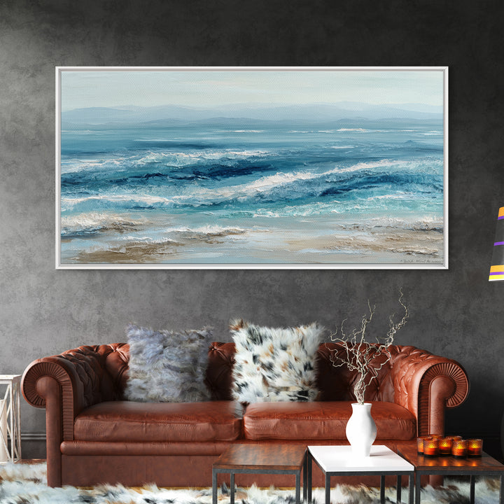 Serene Ocean Tide Seen from Above Framed Canvas Print, Above Bed Art, Wall Art Prints, Bedroom Decor, Fine Art, Serenity, ABA-2x1-65