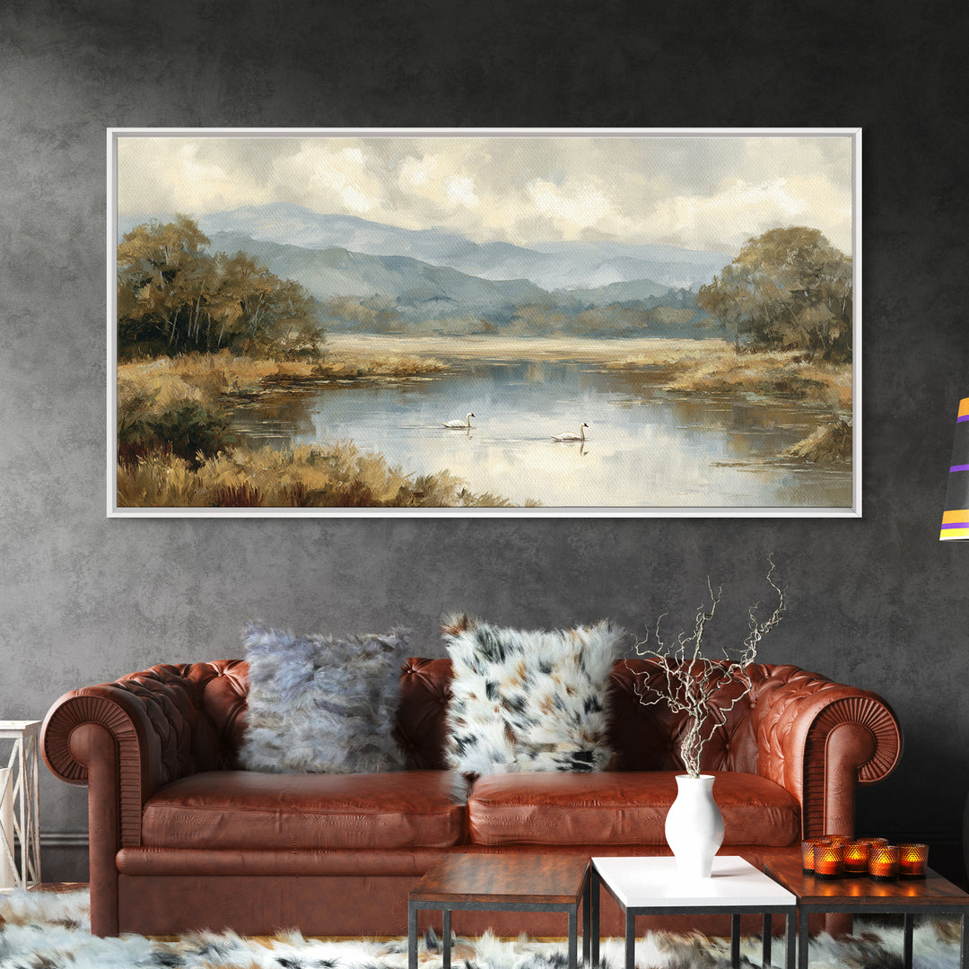 Paired Swans in a Dreamy Painterly Lake Canvas Print, Above Bed Art, Textured Painting, Bedroom Decor, Watercolor Art, Serenity, ABA-2x1-66