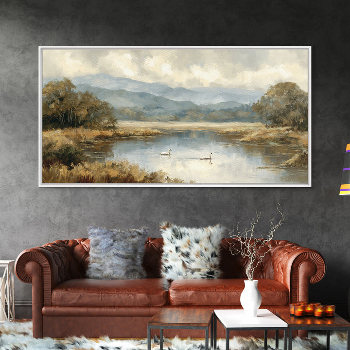 Paired Swans in a Dreamy Painterly Lake Canvas Print, Above Bed Art, Textured Painting, Bedroom Decor, Watercolor Art, Serenity, ABA-2x1-66
