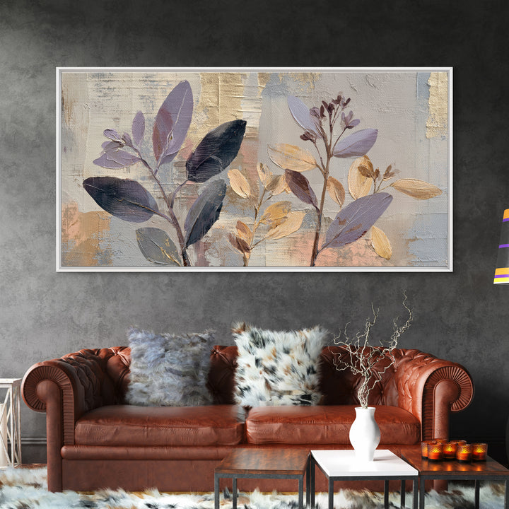 Tonal Botanical Shadows on Plaster Surface Framed Canvas Print, Above Bed Art, 3 Piece Wall Art, Bedroom Decor, Serenity, ABA-2x1-67