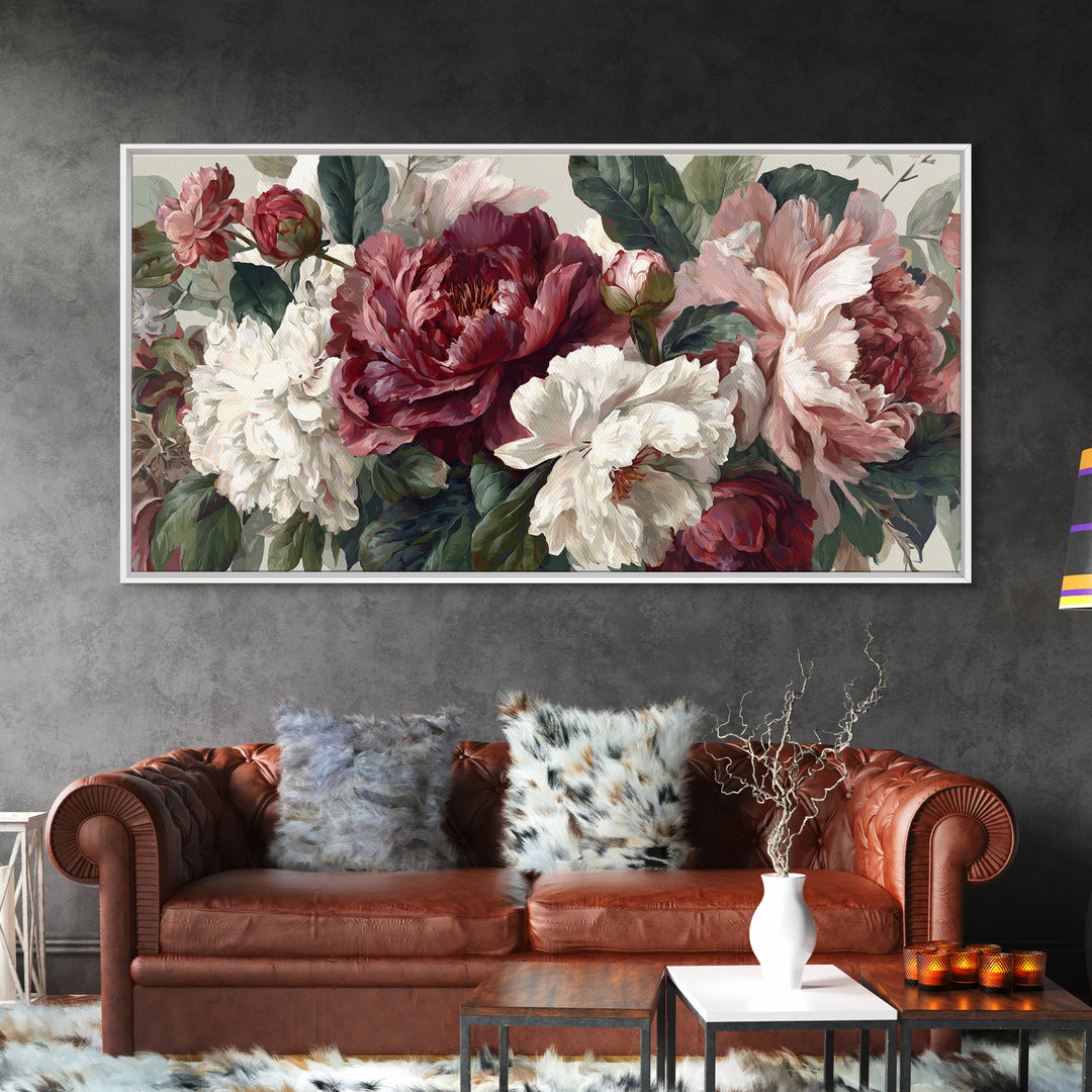 Romantic Oversized Peony Bloom on Warm Linen Canvas Print, Above Bed Art, Digital Art, Bedroom Decor, Fine Art, Serenity, ABA-2x1-70