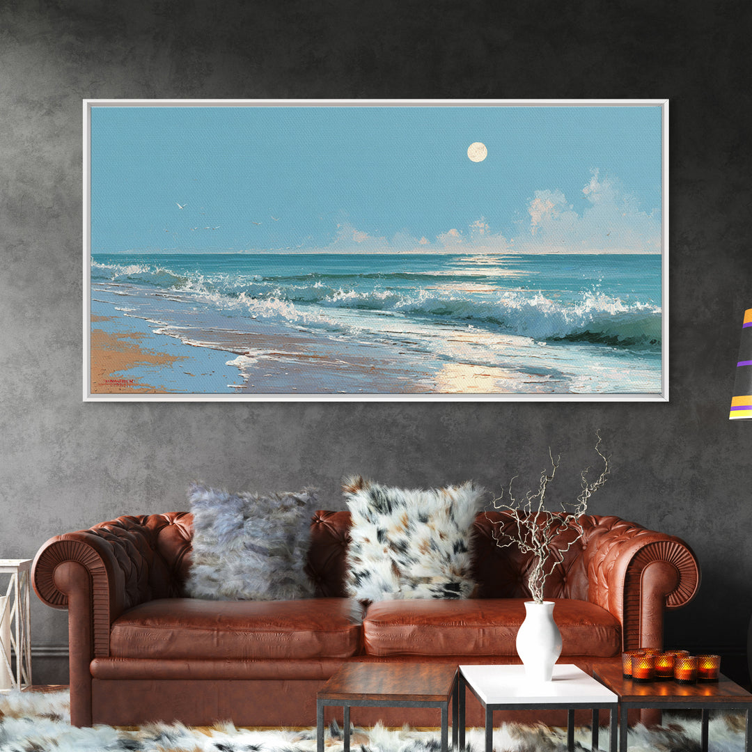 Quiet Moon over a Calm Ocean Horizon Canvas Print, Above Bed Art, Boho Decor, Bedroom Decor, Serenity, Statement Artwork, ABA-2x1-71