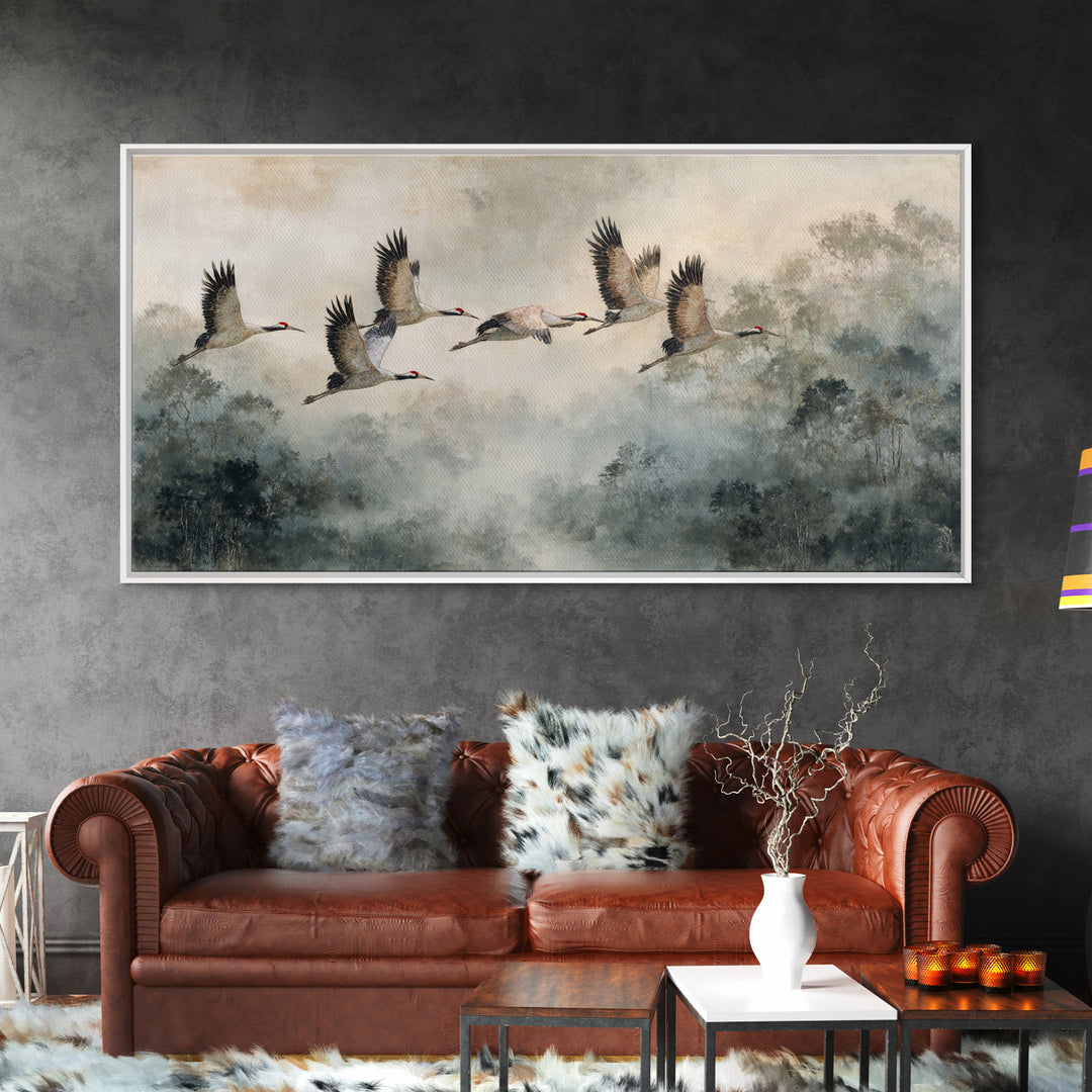 Ethereal Cranes Flying Through Pale Morning Mist Canvas Print, Above Bed Art, Bedroom Decor, Oil Painting, Serenity, ABA-2x1-77