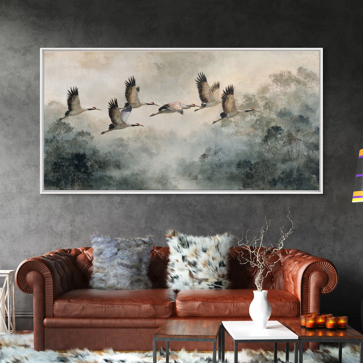 Ethereal Cranes Flying Through Pale Morning Mist Canvas Print, Above Bed Art, Bedroom Decor, Oil Painting, Serenity, ABA-2x1-77