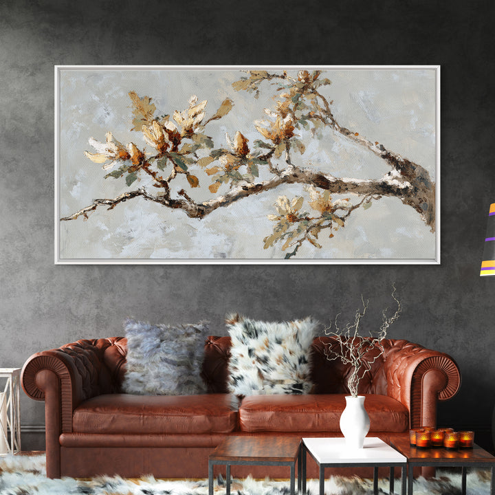 Delicate Magnolia Branch on Cream Background Framed Canvas Print, Above Bed Art, Boho Wall Art, Bedroom Decor, Watercolor Art, ABA-2x1-84