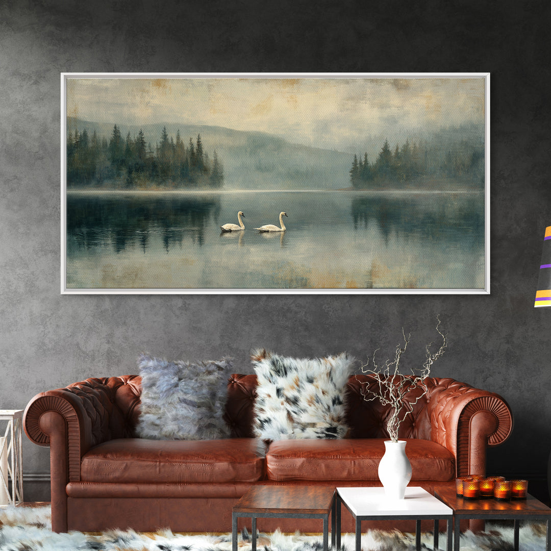 Paired Swans in a Dreamy Painterly Lake Framed Canvas Print, Above Bed Art, Digital Prints, Bedroom Decor, Fine Art, Serenity, ABA-2x1-90