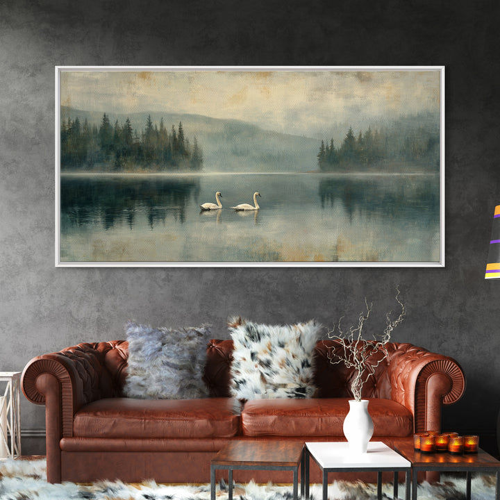 Paired Swans in a Dreamy Painterly Lake Framed Canvas Print, Above Bed Art, Digital Prints, Bedroom Decor, Fine Art, Serenity, ABA-2x1-90
