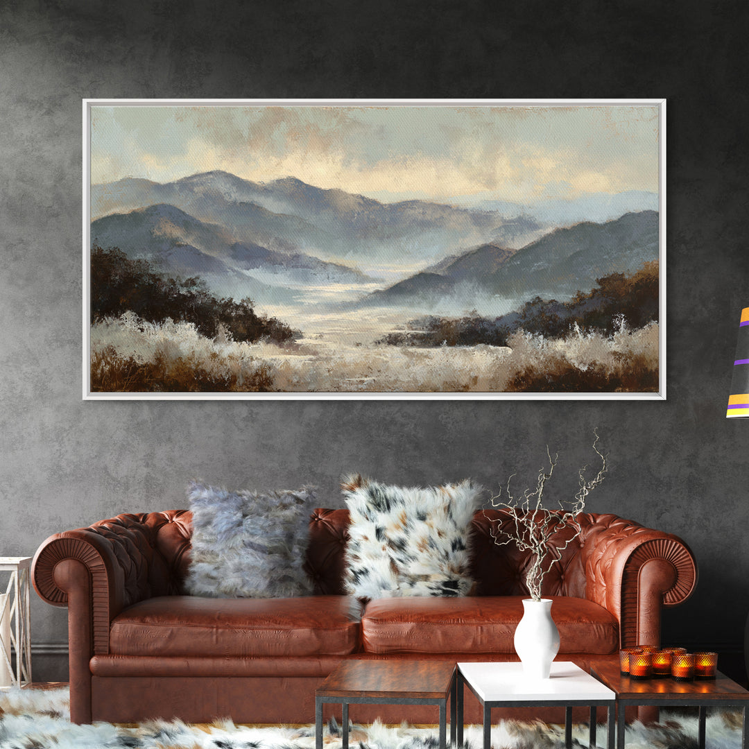 Panoramic Misty Mountain Landscape Canvas Print, Above Bed Art, Textured Wall Art, Bedroom Decor, Fine Art, Serenity, ABA-2x1-93