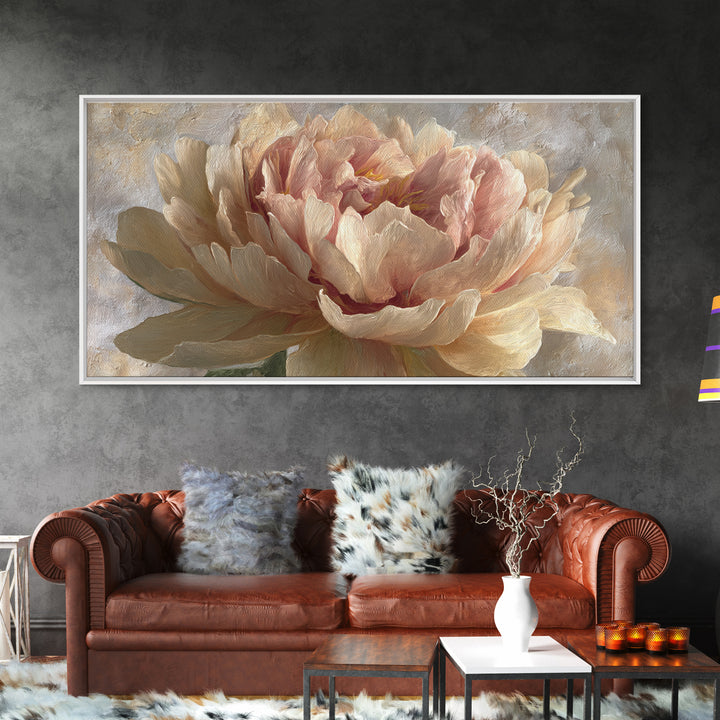 Romantic Oversized Peony Bloom on Warm Linen Canvas Print, Above Bed Art, Digital Art, Bedroom Decor, Fine Art, Serenity, ABA-2x1-94