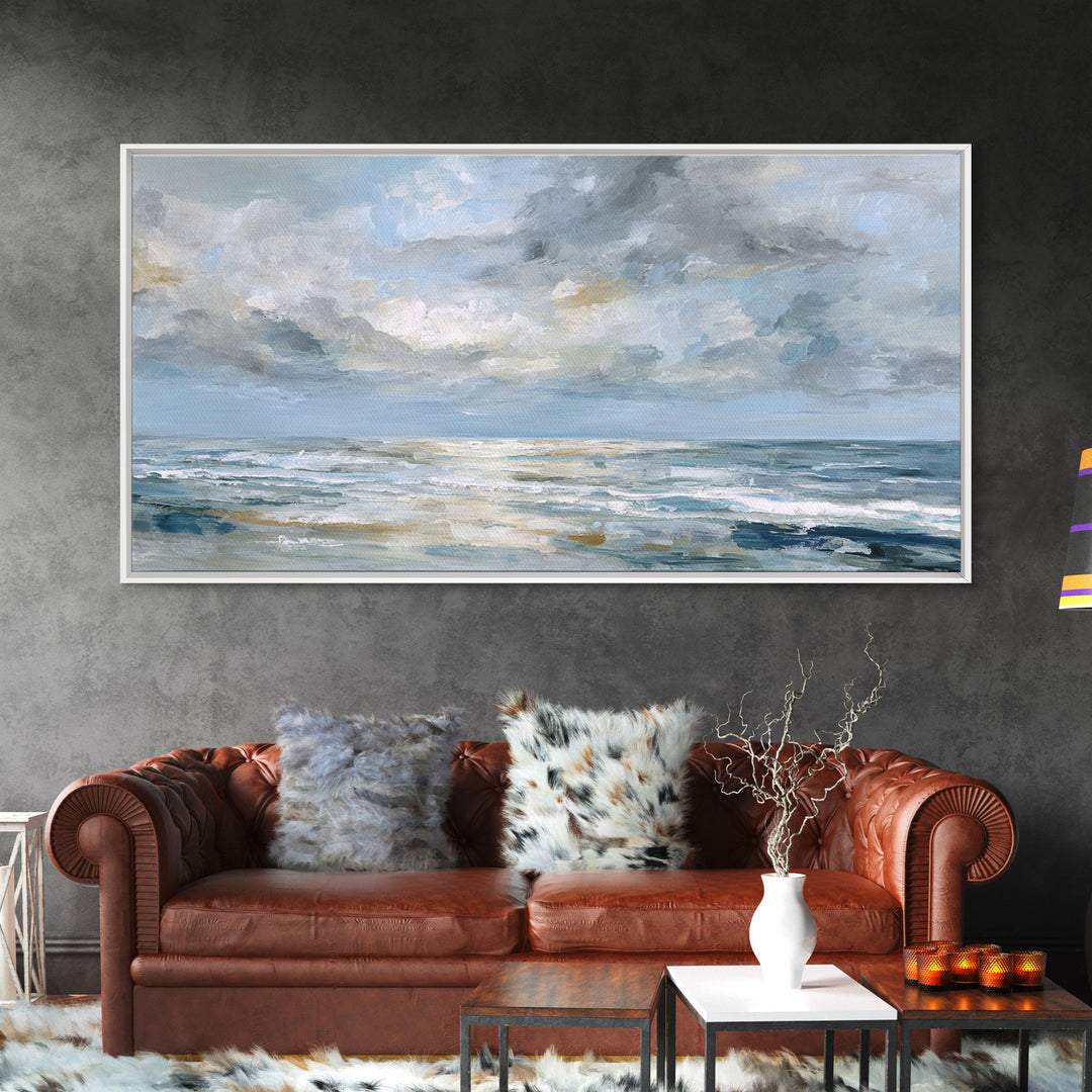 Quiet Moon over a Calm Ocean Horizon Framed Canvas Print, Above Bed Art, Bedroom Wall Decor, Bedroom Decor, Oil Painting, ABA-2x1-95