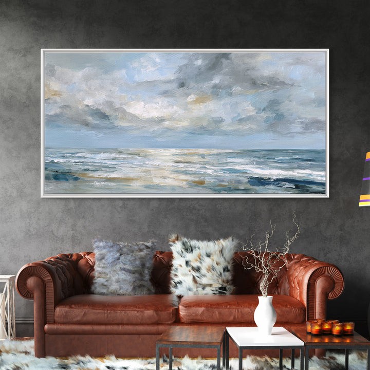 Quiet Moon over a Calm Ocean Horizon Framed Canvas Print, Above Bed Art, Bedroom Wall Decor, Bedroom Decor, Oil Painting, ABA-2x1-95