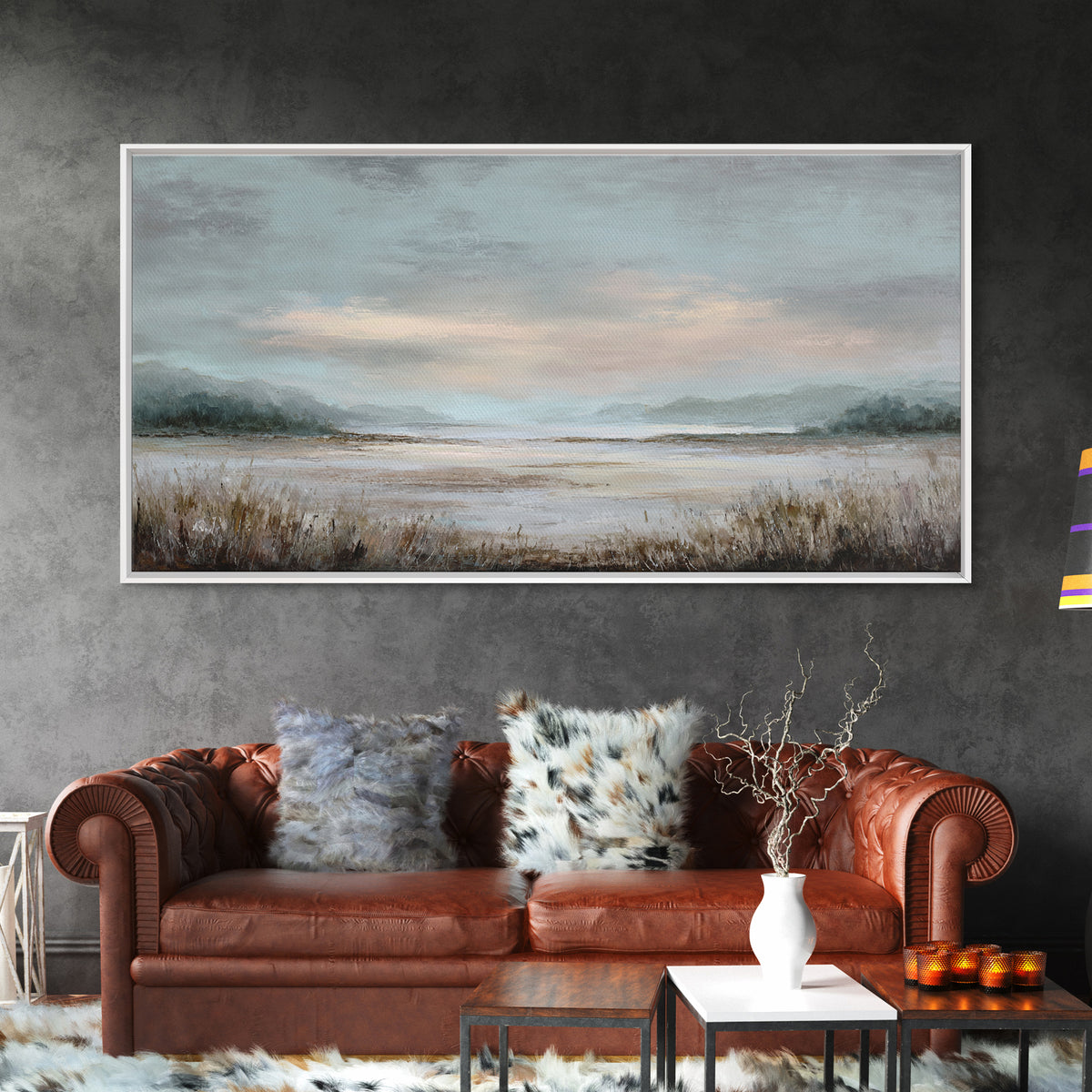 Tranquil Cloudscape with Blush Undertones Framed Canvas Print, Above Bed Art, Digital Print, Bedroom Decor, Fine Art, Serenity, ABA-2x1-97