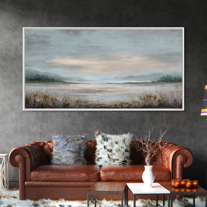 Tranquil Cloudscape with Blush Undertones Framed Canvas Print, Above Bed Art, Digital Print, Bedroom Decor, Fine Art, Serenity, ABA-2x1-97
