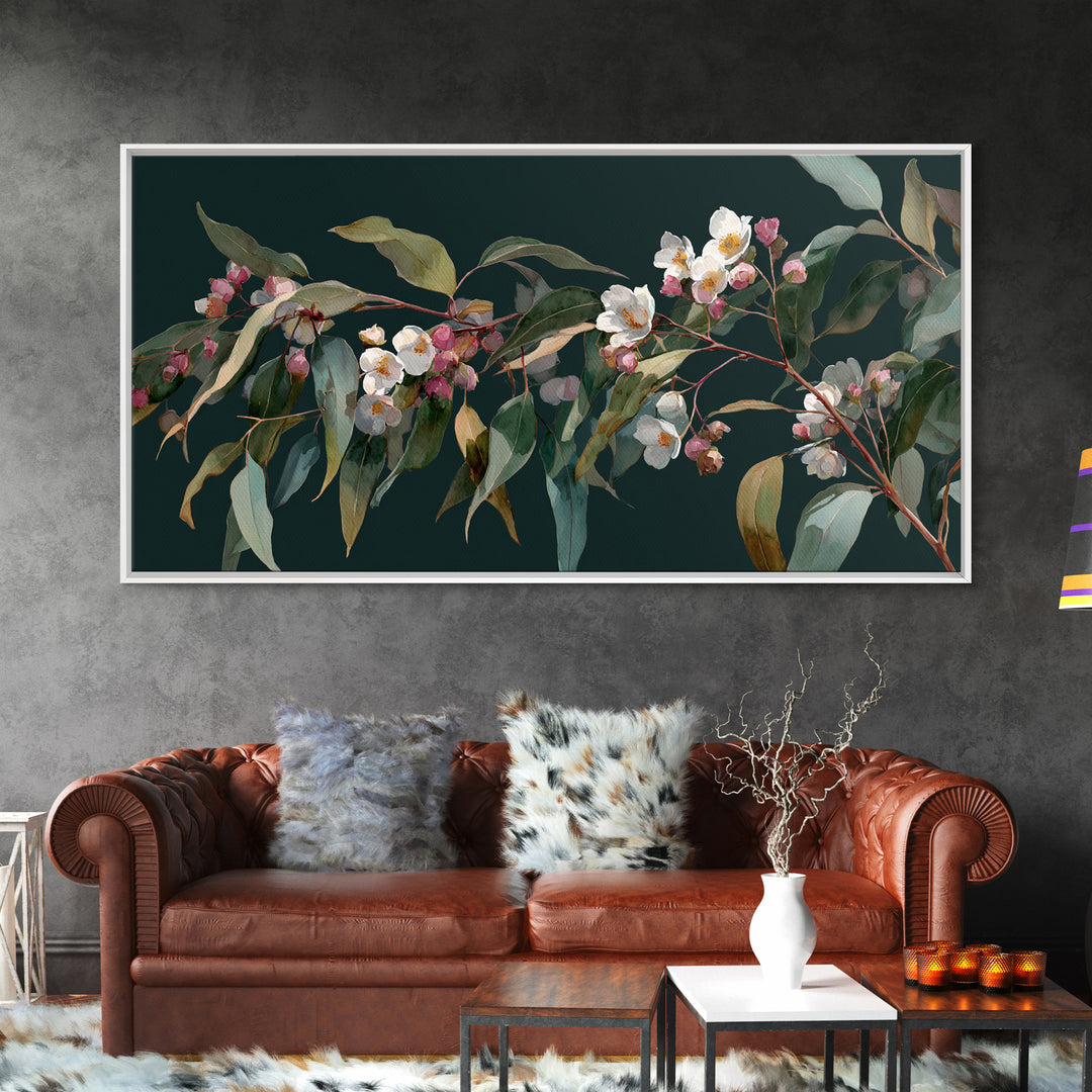 Soft Eucalyptus Branches Arranged Symmetrically Canvas Print, Above Bed Art, Bedroom Decor, Watercolor Art, Serenity, ABA-2x1-98