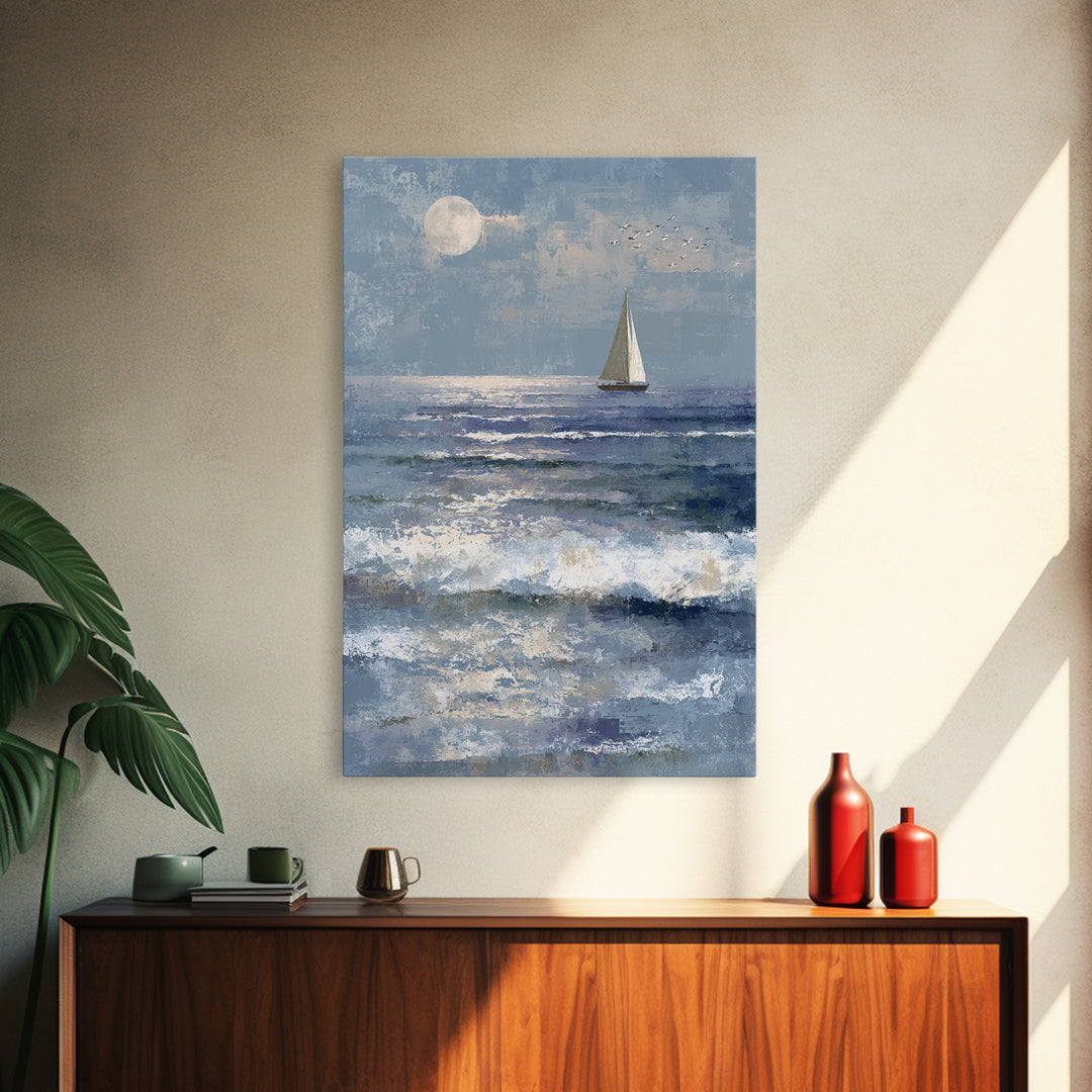 Quiet Moon over a Calm Ocean Horizon Canvas Print, Above Bed Art, Above Bed Decor, Bedroom Decor, Fine Art, Serenity, ABA-2x3-11