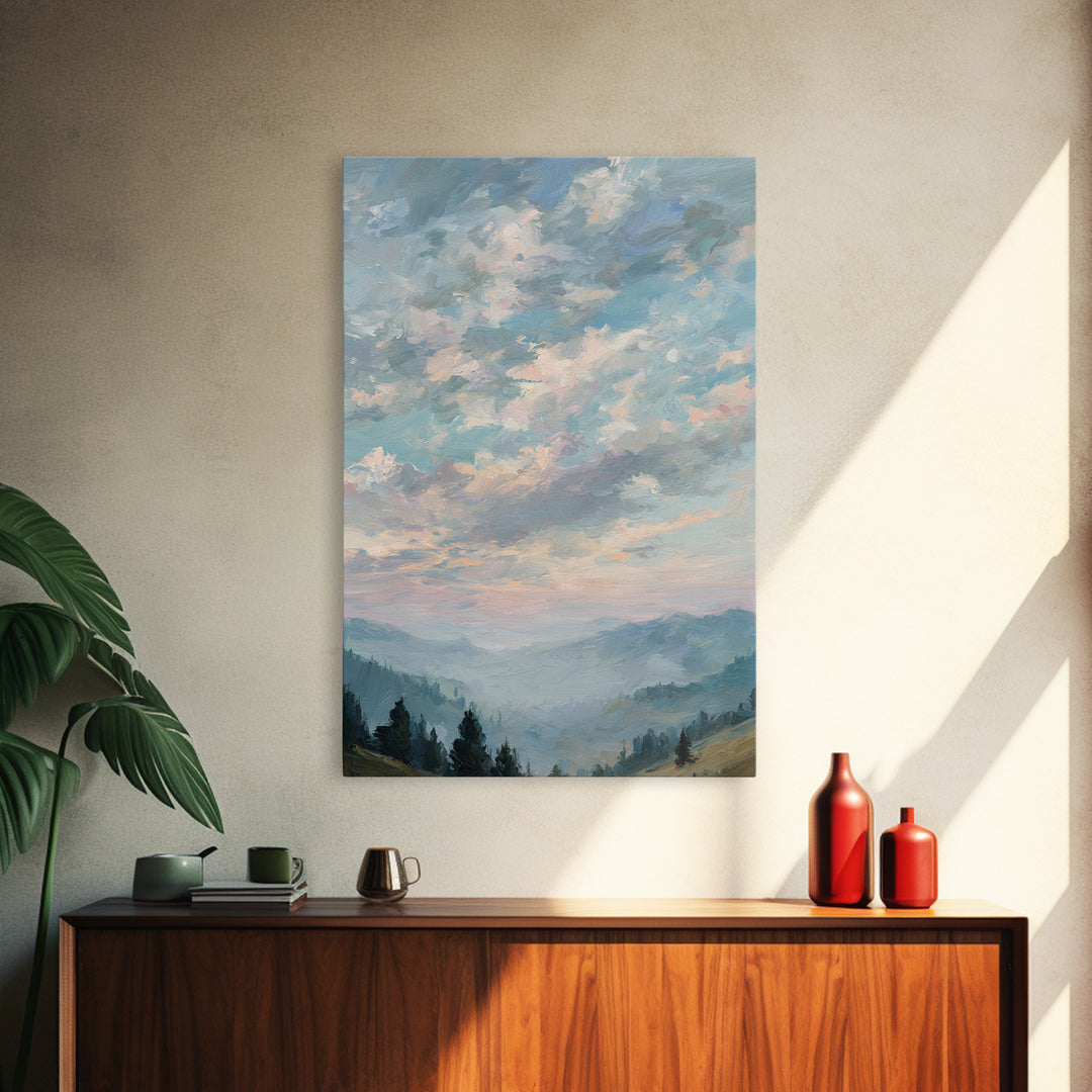 Tranquil Cloudscape with Blush Undertones Framed Canvas Print, Above Bed Art, Digital Art, Bedroom Decor, Fine Art, Serenity, ABA-2x3-13