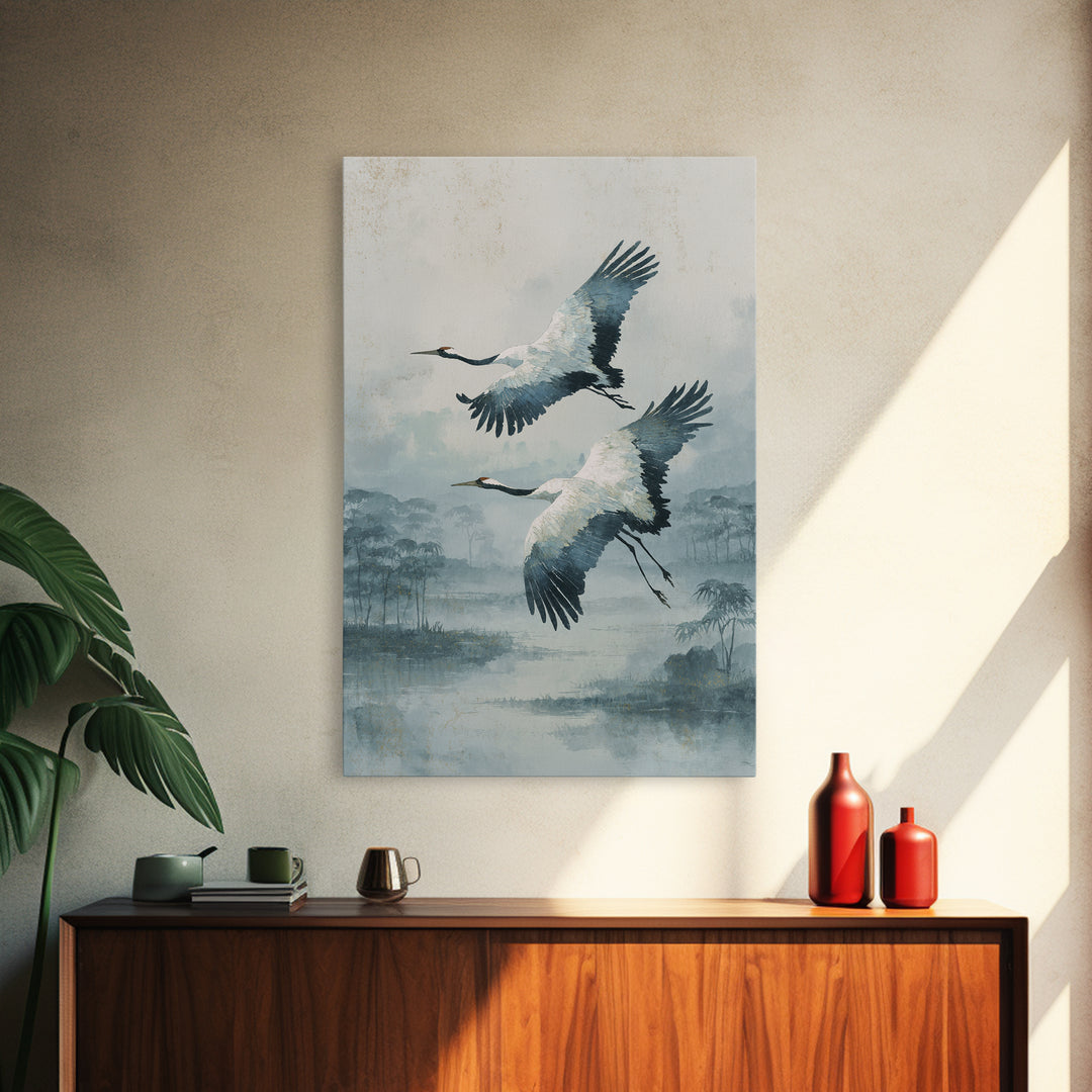 Ethereal Cranes Flying Through Pale Morning Mist Canvas Print, Above Bed Art, Printable Wall Art, Bedroom Decor, Serenity, ABA-2x3-17