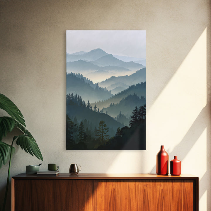 Quiet Forest Ridge Softened by Fog Framed Canvas Print, Above Bed Art, Textured Painting, Bedroom Decor, Fine Art, Serenity, ABA-2x3-22