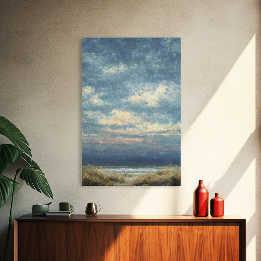 Tranquil Cloudscape with Blush Undertones Framed Canvas Print, Above Bed Art, Digital Art, Bedroom Decor, Fine Art, Serenity, ABA-2x3-37