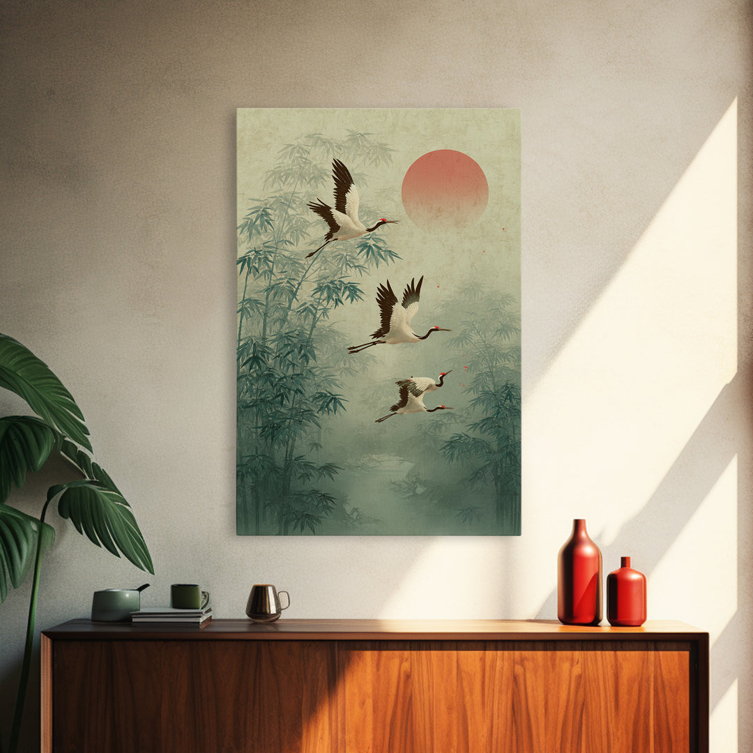 Ethereal Cranes Flying Through Pale Morning Mist Canvas Print, Above Bed Art, Printable Wall Art, Bedroom Decor, Serenity, ABA-2x3-41