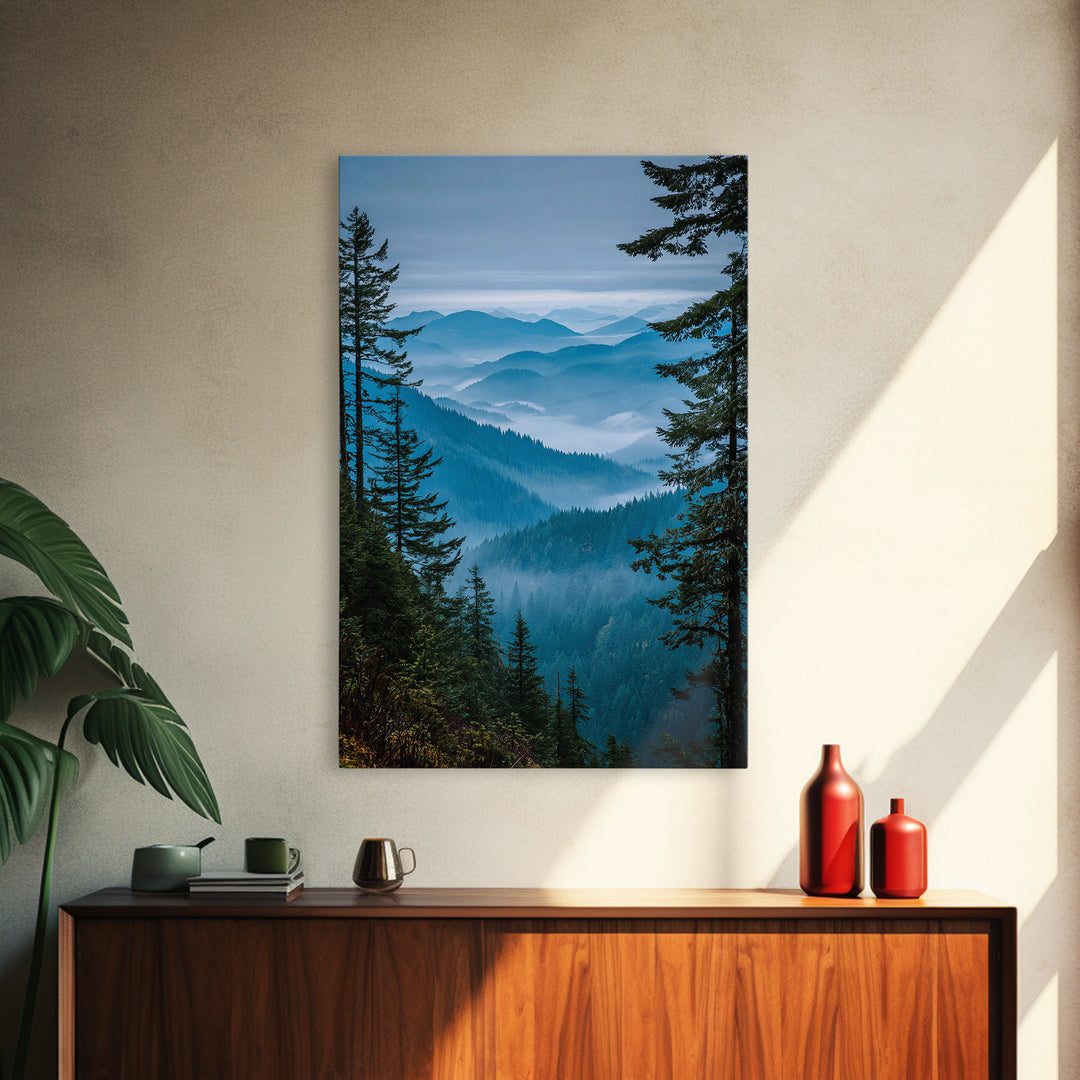 Quiet Forest Ridge Softened by Fog Framed Canvas Print, Above Bed Art, Textured Painting, Bedroom Decor, Fine Art, Serenity, ABA-2x3-46