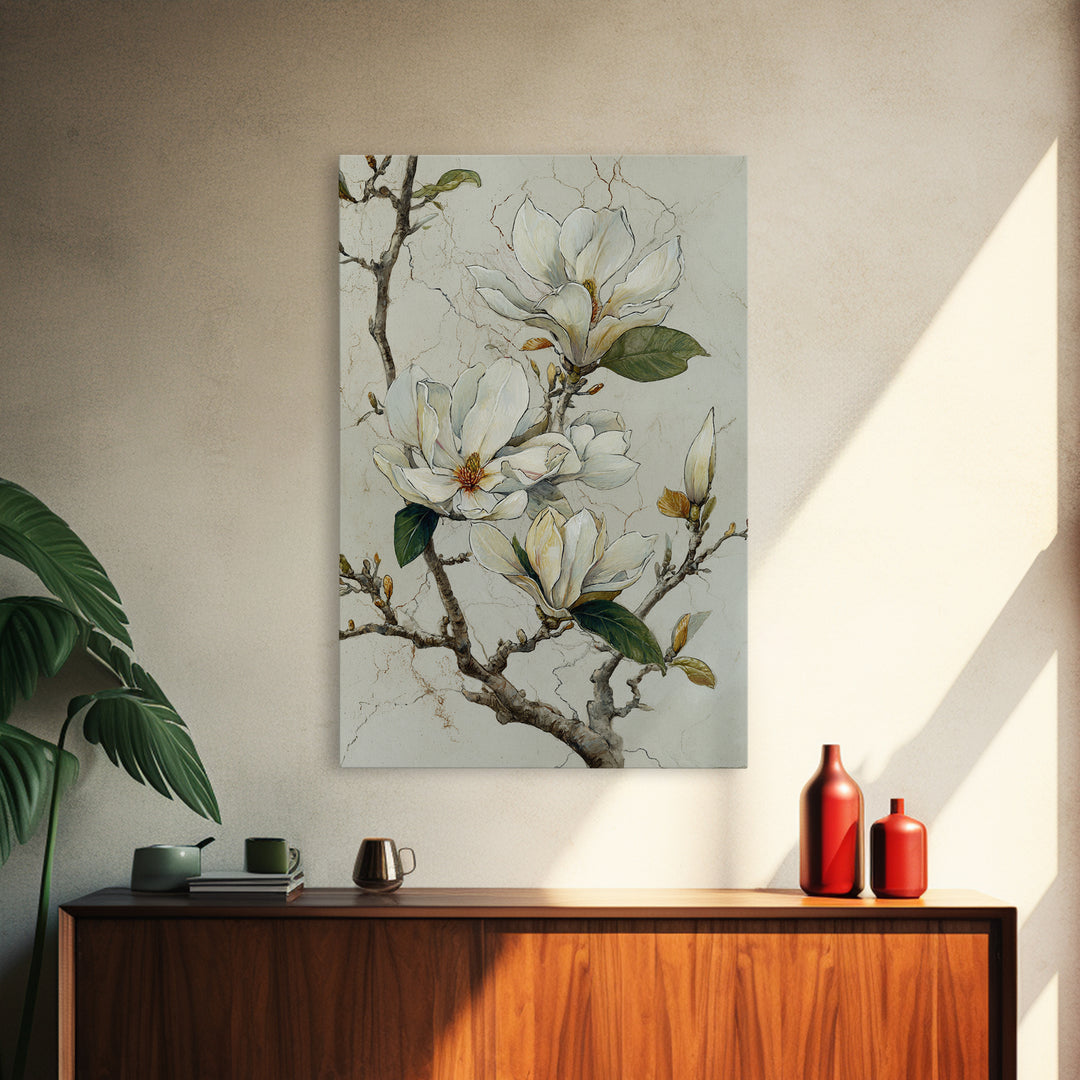 Delicate Magnolia Branch on Cream Background Framed Canvas Print, Above Bed Art, Statement Artwork, Bedroom Decor, Serenity, ABA-2x3-48