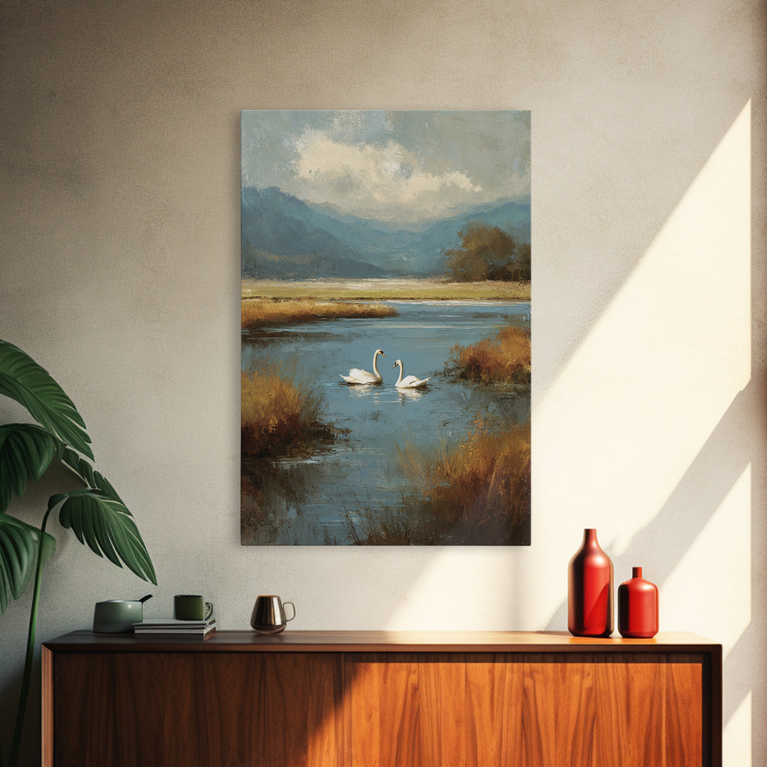 Paired Swans in a Dreamy Painterly Lake Canvas Print, Above Bed Art, Minimalist Decor, Bedroom Decor, Fine Art, Serenity, ABA-2x3-54