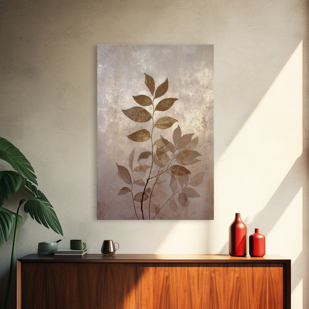 Tonal Botanical Shadows on Plaster Surface Framed Canvas Print, Above Bed Art, Bedroom Decor, Oil Painting, Serenity, ABA-2x3-55