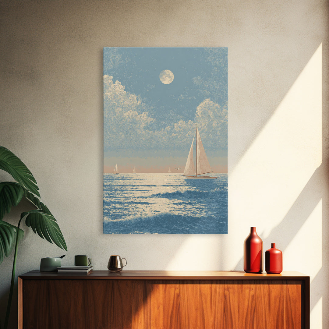 Quiet Moon over a Calm Ocean Horizon Framed Canvas Print, Above Bed Art, Digital Art, Bedroom Decor, Fine Art, Serenity, ABA-2x3-59