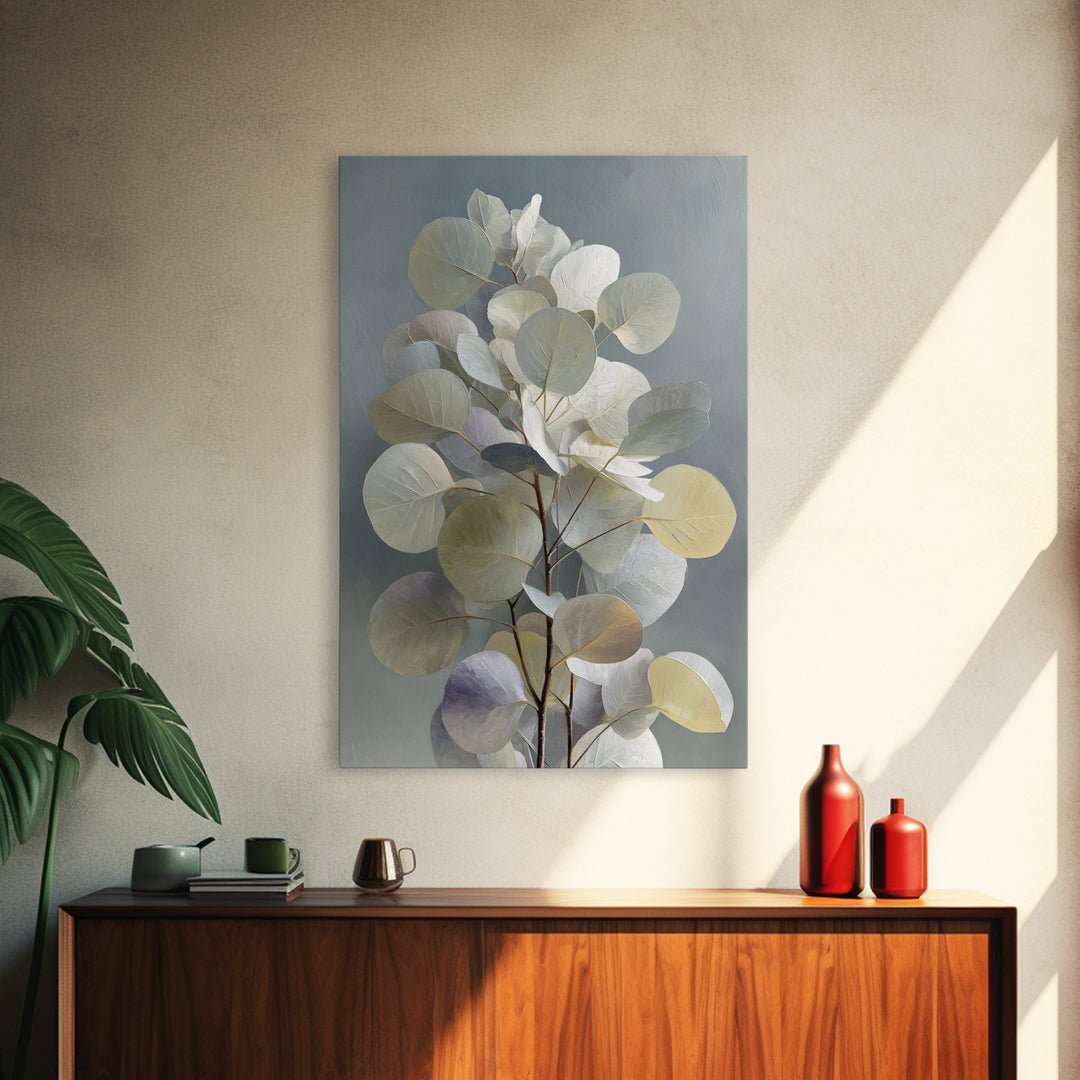 Soft Eucalyptus Branches Arranged Symmetrically Canvas Print, Above Bed Art, Mid Century Modern, Bedroom Decor, Serenity, ABA-2x3-62