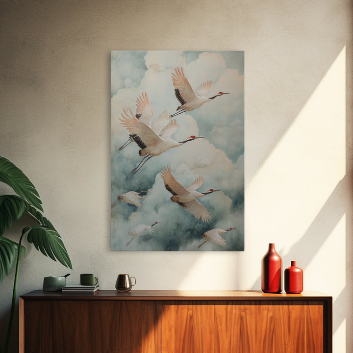 Ethereal Cranes Flying Through Pale Morning Mist Canvas Print, Above Bed Art, Canvas Wall Art, Bedroom Decor, Serenity, ABA-2x3-65
