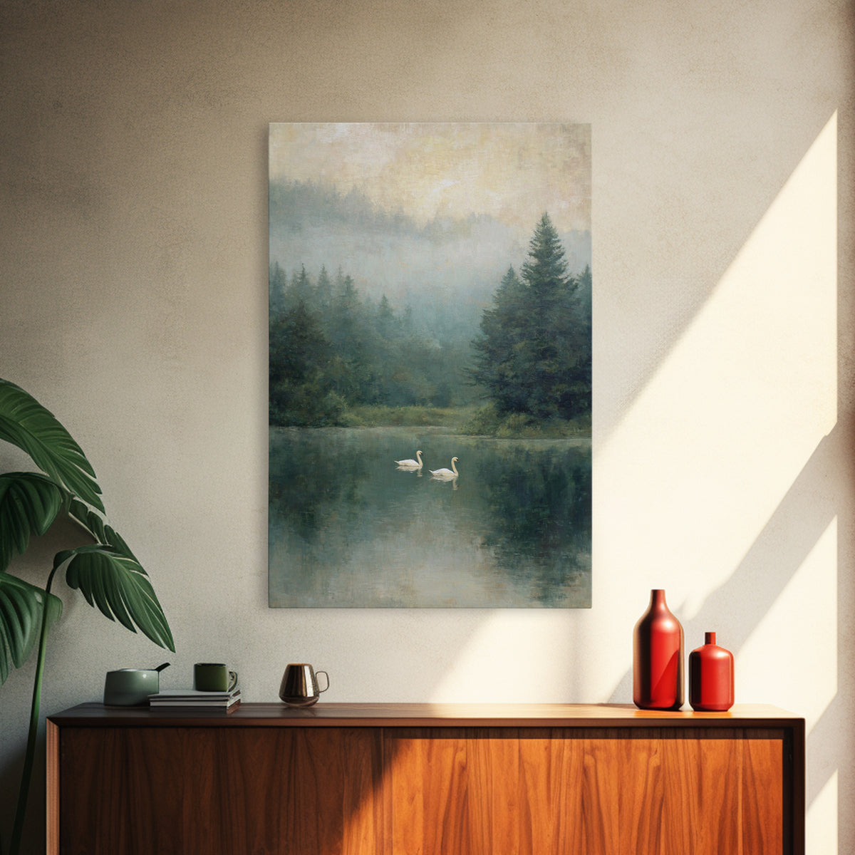 Paired Swans in a Dreamy Painterly Lake Framed Canvas Print, Above Bed Art, Printable Wall Art, Bedroom Decor, Serenity, ABA-2x3-78