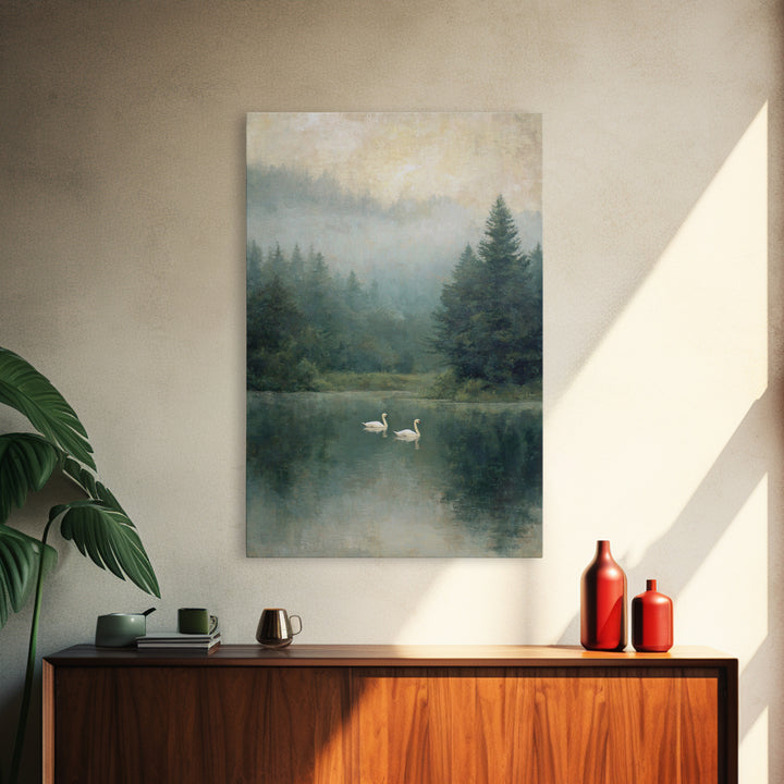 Paired Swans in a Dreamy Painterly Lake Framed Canvas Print, Above Bed Art, Printable Wall Art, Bedroom Decor, Serenity, ABA-2x3-78