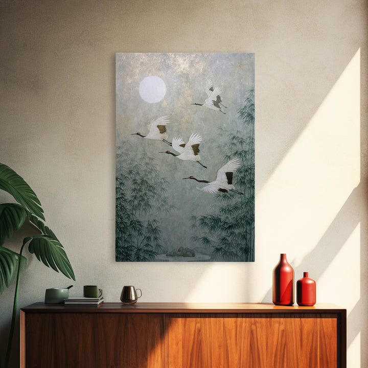 Ethereal Cranes Flying Through Pale Morning Mist Canvas Print, Above Bed Art, Living Room Decor, Bedroom Decor, Serenity, ABA-2x3-89