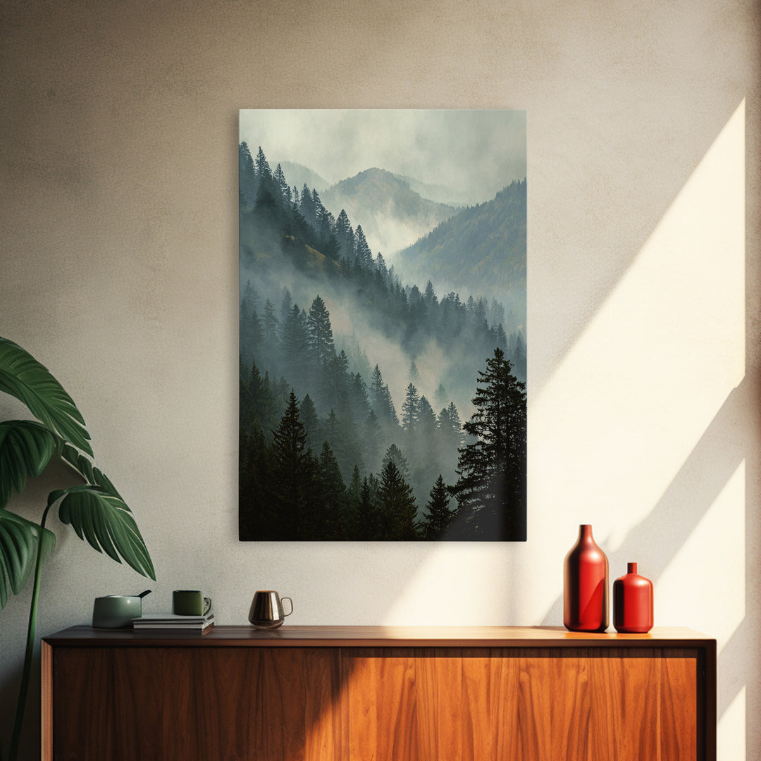 Quiet Forest Ridge Softened by Fog Framed Canvas Print, Above Bed Art, Large Wall Art, Bedroom Decor, Fine Art, Serenity, ABA-2x3-94