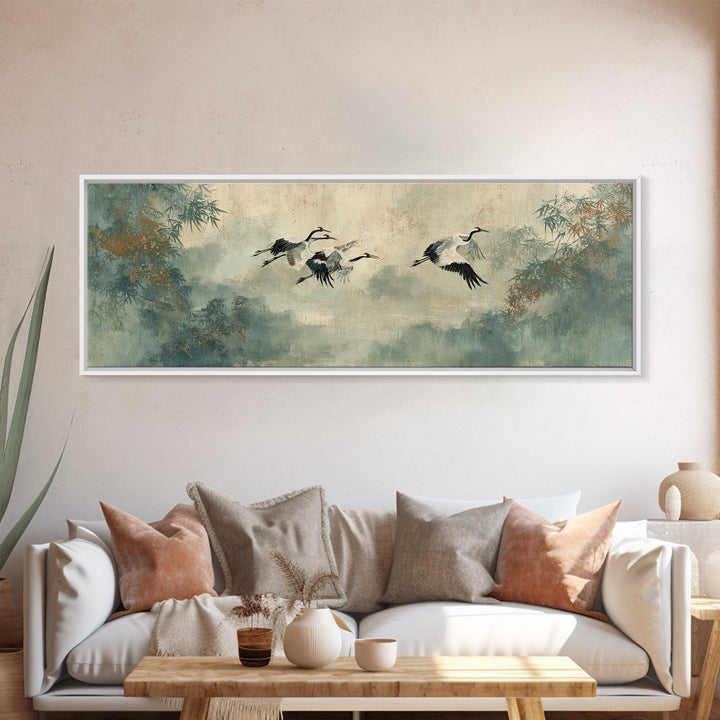 Ethereal Cranes Flying Through Pale Morning Mist Framed Canvas Print, Above Bed Art, Apartment Decor, Bedroom Decor, Serenity, ABA-3x1-1