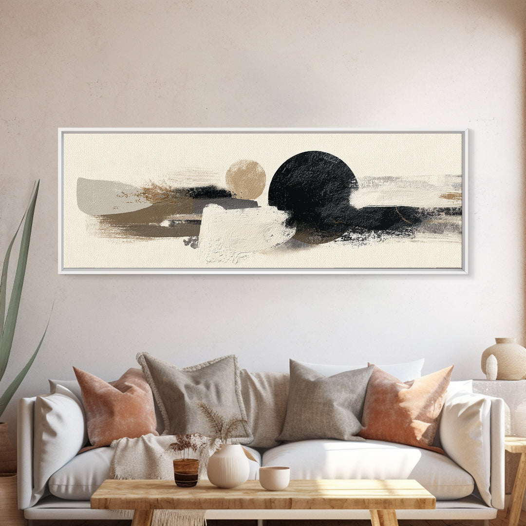 Japandi Ink Shapes Framed Canvas Print, Above Bed Art, Wall Decor, Bedroom Decor, Abstract Art, Serenity, Apartment Decor, ABA-3x1-10