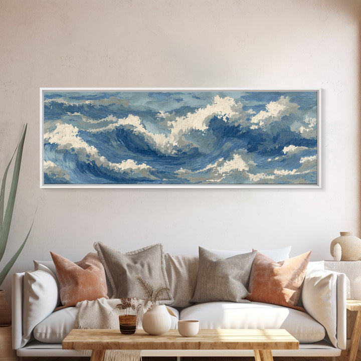 Serene Ocean Tide Seen from Above Canvas Print, Above Bed Art, Bedroom Decor, Oil Painting, Serenity, Boho Decor, Western Decor, ABA-3x1-13