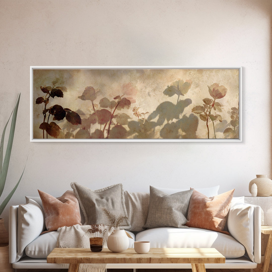 Tonal Botanical Shadows on Plaster Surface Framed Canvas Print, Above Bed Art, 3 Piece Wall Art, Bedroom Decor, Serenity, ABA-3x1-15
