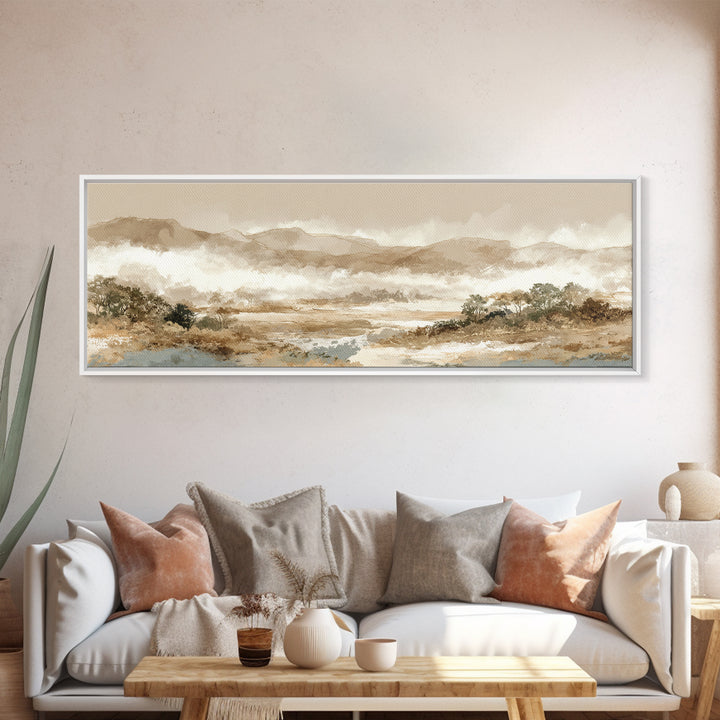 Panoramic Misty Mountain Landscape Framed Canvas Print, Above Bed Art, Boho Wall Art, Bedroom Decor, Fine Art, Serenity, ABA-3x1-17