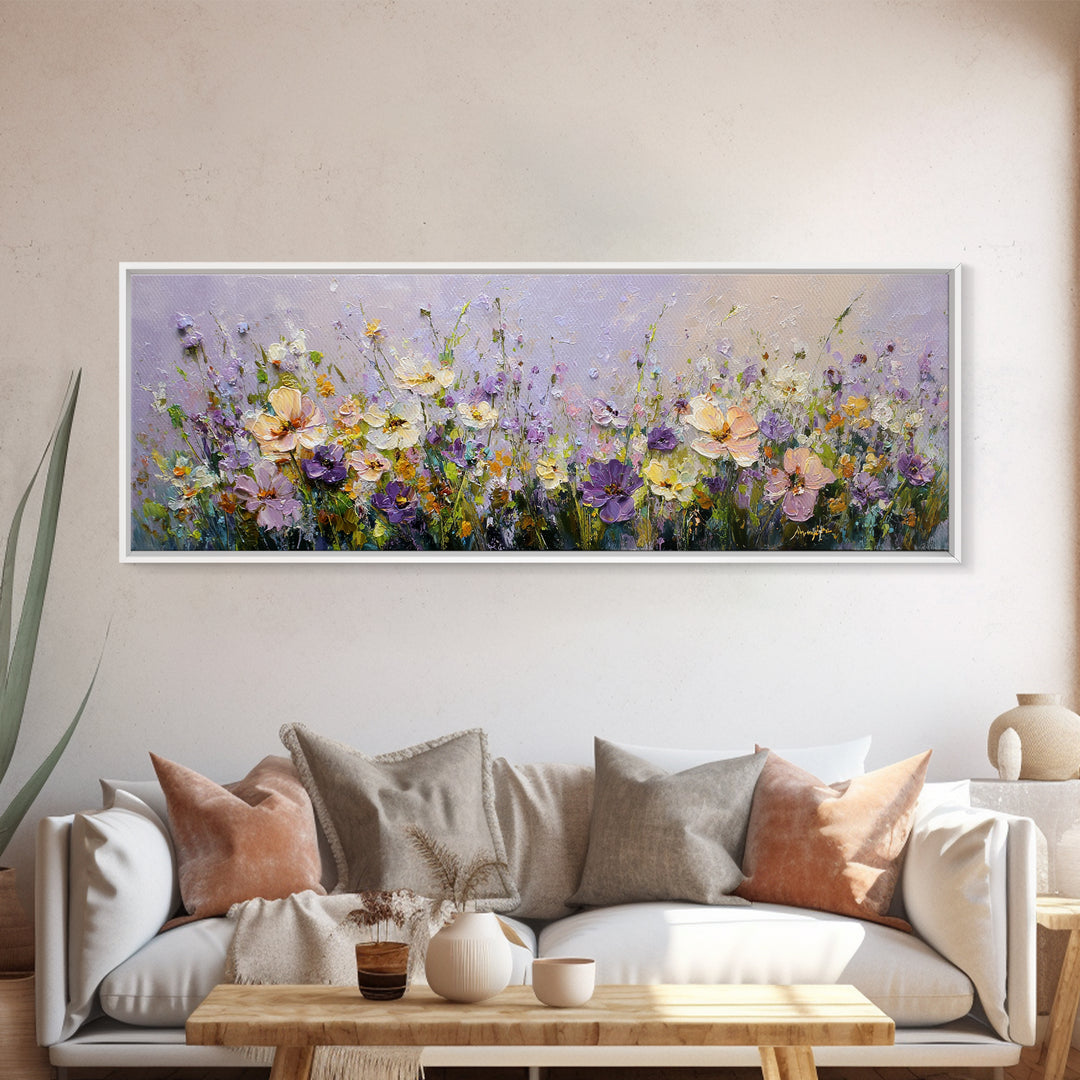 Wide Meadow of Muted Wildflowers at Dusk Framed Canvas Print, Above Bed Art, Bedroom Decor, Watercolor Art, Serenity, ABA-3x1-2
